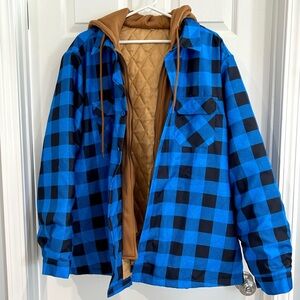 Mens Hoodie Jacket Zip Button Blue Black Plaid Brown Quilted Lining 2XL NWOT